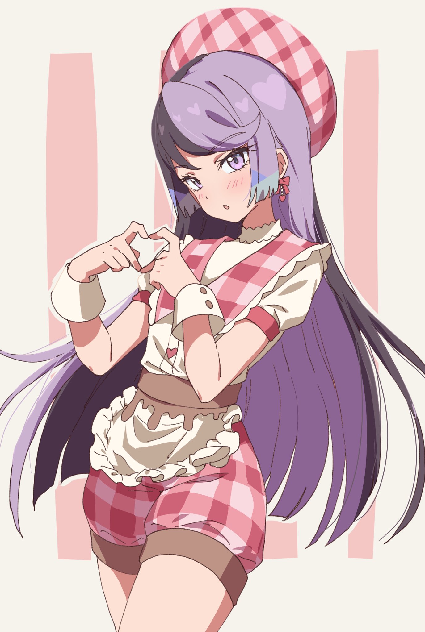 1girl apron beret black_hair blue_hair blunt_ends carron_(waccha_primagi!) collared_shirt commentary_request cowboy_shot dolldolldd earrings frilled_apron frills hands_up hat heart heart_hands highres jewelry korean_commentary long_hair looking_at_viewer multicolored_hair open_mouth pink_headwear pink_shorts plaid plaid_headwear plaid_shorts pretty_series puffy_short_sleeves puffy_sleeves purple_eyes purple_hair shirt short_sleeves shorts solo standing very_long_hair waccha_primagi! waist_apron white_apron white_shirt wrist_cuffs