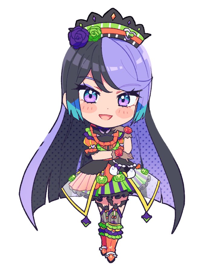 1girl :d black_hair blue_hair boots brown_gloves carron_(waccha_primagi!) chibi commentary_request dolldolldd dress flower frilled_dress frills full_body ghost gloves green_flower green_rose halloween_costume hand_on_own_cheek hand_on_own_elbow hand_on_own_face hand_up jack-o'-lantern long_hair looking_at_viewer multicolored_hair open_mouth orange_footwear pretty_series puffy_short_sleeves puffy_sleeves purple_eyes purple_flower purple_hair purple_rose rose short_sleeves simple_background smile solo standing very_long_hair waccha_primagi! white_background