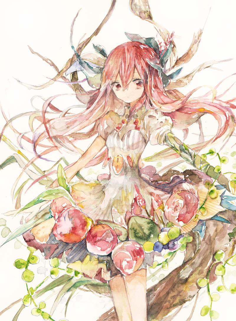 1girl bow branch dress flower food fruit hair_between_eyes hair_bow kazuka leaf long_hair looking_at_viewer original painting_(medium) pink_hair pomegranate puffy_sleeves red_eyes red_hair short_sleeves solo traditional_media watercolor_(medium) white_background white_dress