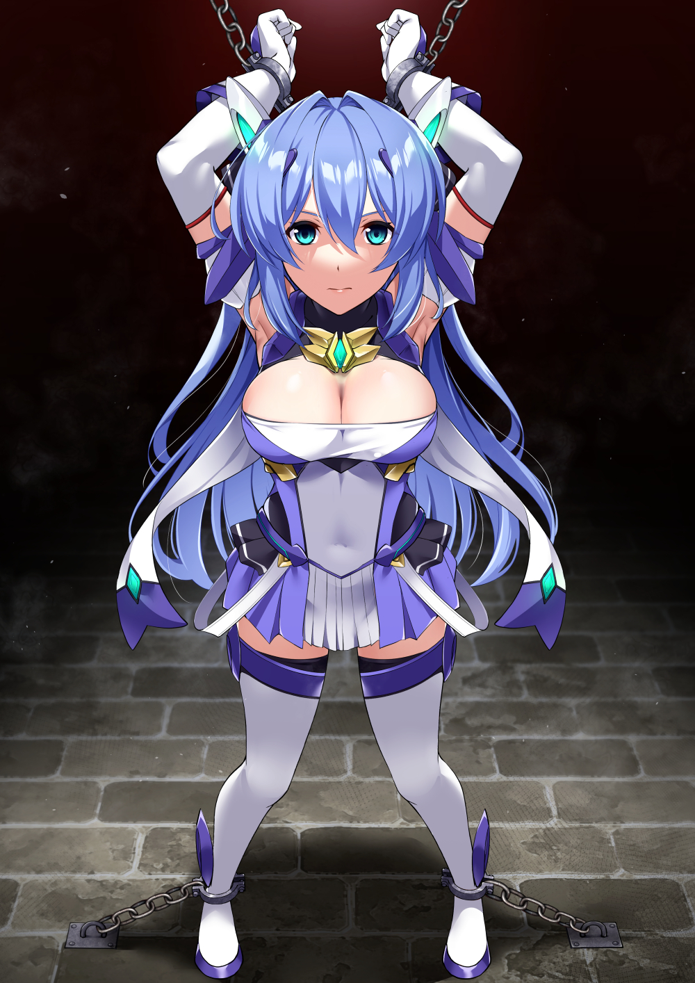 1girl aqua_eyes armlet armpits arms_up blue_dress blue_footwear blue_hair blue_skirt boots breasts brick brick_floor chain cleavage cleavage_cutout clothing_cutout covered_navel dress elbow_gloves exs-tia full_body gem gloves hair_intakes headgear highres katsuragi_marina kouyoku_senki_exs-tia looking_at_viewer multicolored_clothes multicolored_dress multicolored_skirt pleated_skirt restrained skirt solo white_dress white_footwear white_gloves zettai_ryouiki