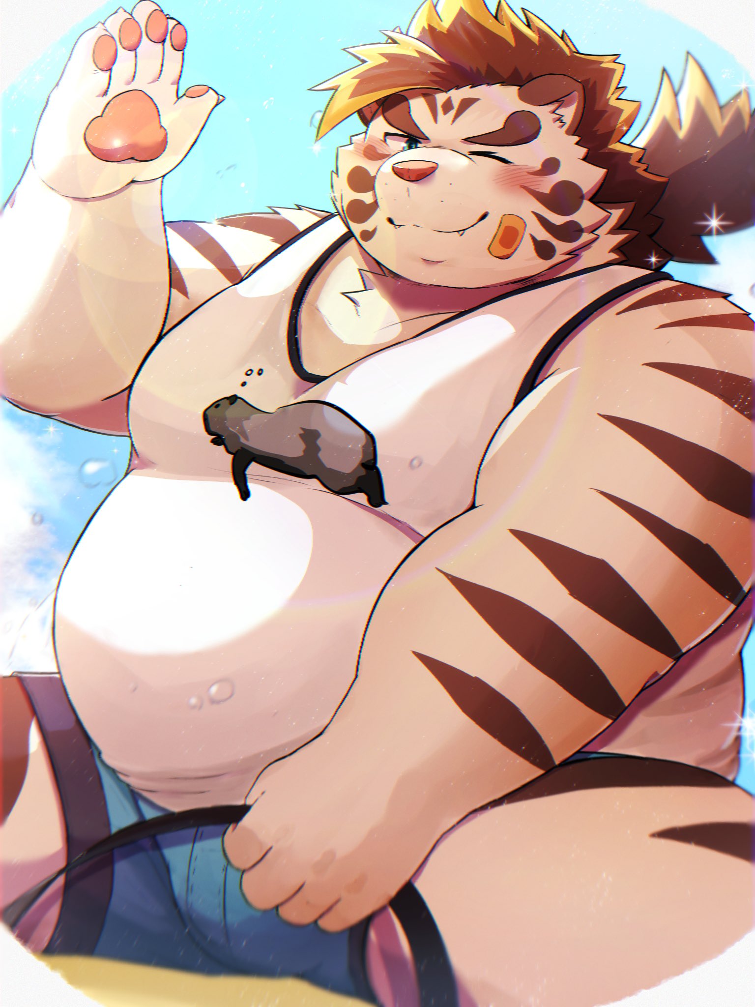 2024 anthro band-aid bandage belly big_belly blush bottomwear clothing felid hi_res humanoid_hands kemono licho_(tas) lifewonders male mammal metaporin one_eye_closed overweight overweight_male pantherine shirt shorts sitting solo tiger tokyo_afterschool_summoners topwear white_body wink