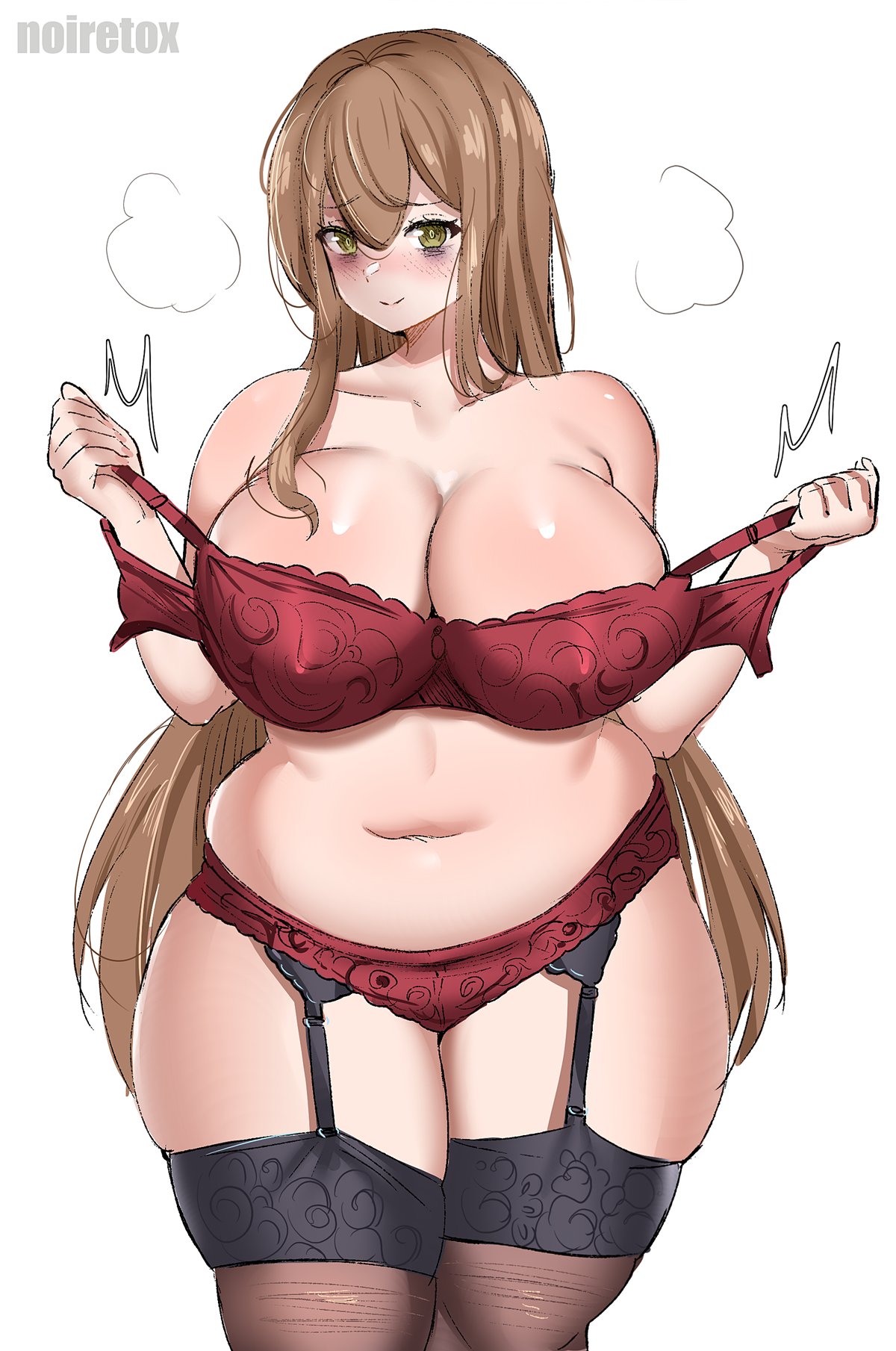 1girl artist_name bags_under_eyes blush bra breasts brown_hair brown_thighhighs cleavage closed_mouth collarbone cowboy_shot garter_straps green_eyes hair_between_eyes hair_over_shoulder highres holding holding_bra holding_clothes holding_underwear huge_breasts lingerie long_hair looking_at_viewer navel noiretox original panties plump puff_of_air red_bra red_panties simple_background solo straight-on thick_thighs thighhighs thighs underwear white_background