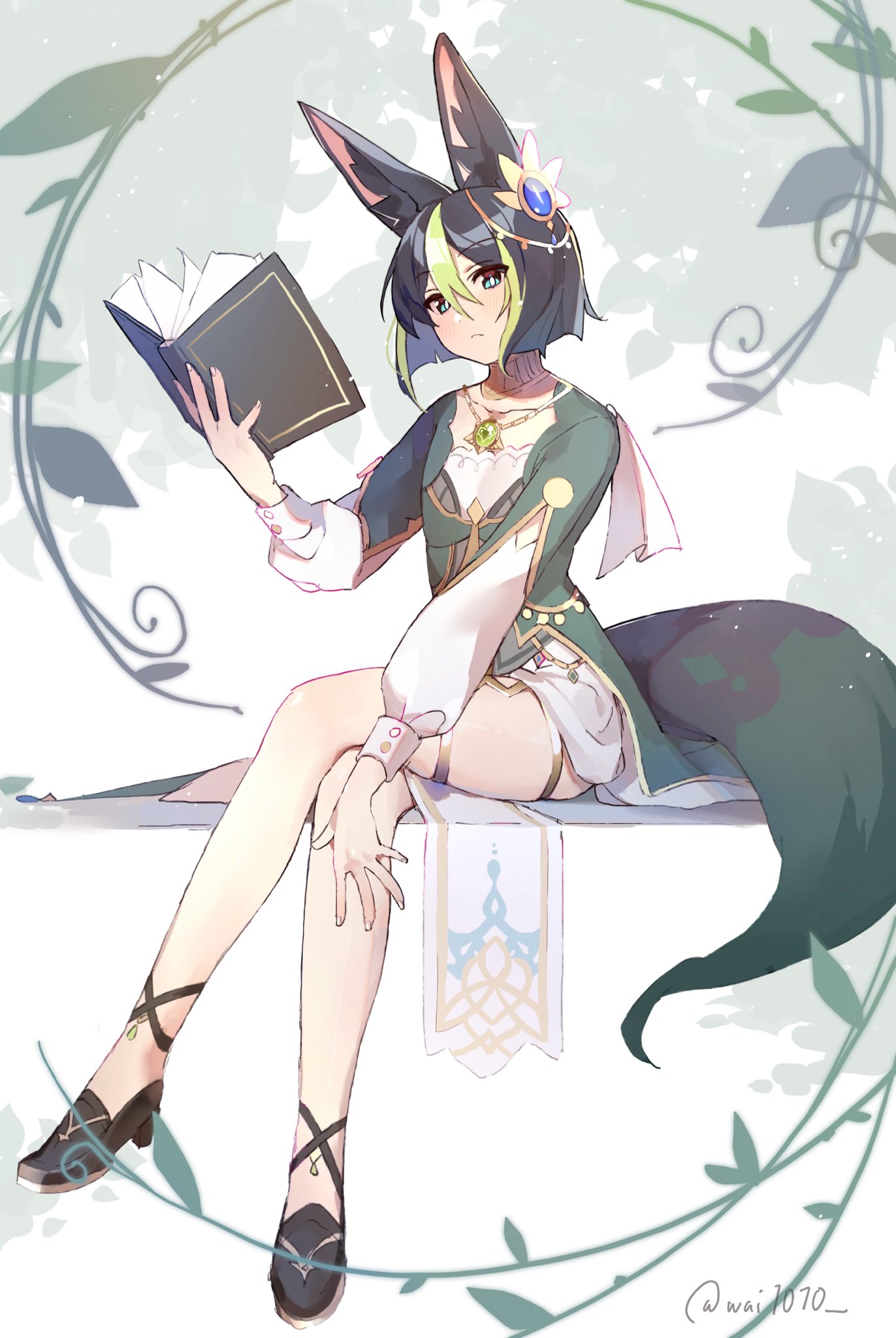1boy animal_ear_fluff animal_ears black_hair blush book closed_mouth cosplay crossed_legs english_commentary fox_boy fox_ears fox_tail full_body genshin_impact gold_choker green_hair hair_between_eyes hair_ornament highres holding holding_book jewelry lisa_(a_sobriquet_under_shade)_(genshin_impact) lisa_(genshin_impact) lisa_(genshin_impact)_(cosplay) long_sleeves looking_at_viewer male_focus multicolored_hair open_book otoko_no_ko plant sitting solo tail thighlet tighnari_(genshin_impact) twitter_username vines vision_(genshin_impact) wai1010