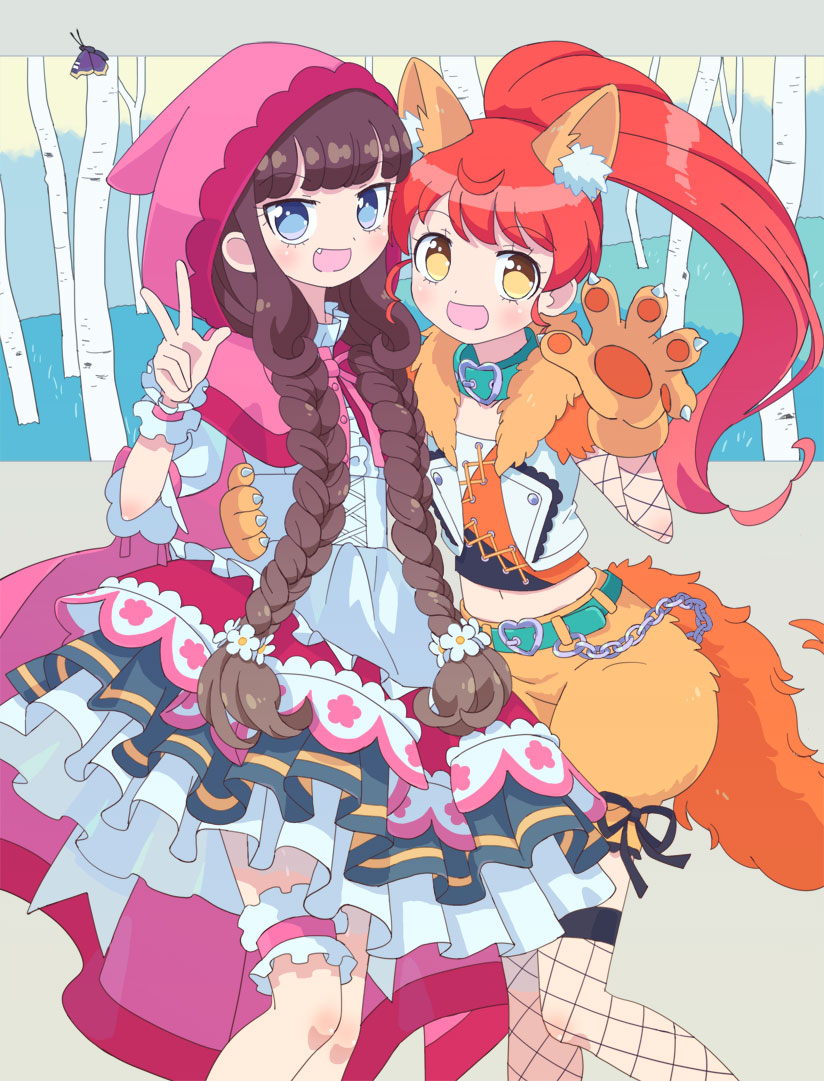 2girls :d animal_costume animal_ears animal_hands big_bad_wolf big_bad_wolf_(cosplay) blue_collar blue_eyes braid brown_hair cape chain collar cosplay dress fake_animal_ears fang fishnet_thighhighs fishnets frilled_dress frills fur-trimmed_jacket fur_trim gloves hand_on_another's_waist hand_up hood hood_up hooded_cape jacket ku_(residual666) kurosu_aroma little_red_riding_hood_(grimm) little_red_riding_hood_(grimm)_(cosplay) long_hair looking_at_viewer midriff multiple_girls open_clothes open_jacket open_mouth paw_gloves pink_cape ponytail pretty_series pripara red_hair shiratama_mikan shorts sleeveless sleeveless_jacket smile standing tail thigh_strap thighhighs twin_braids w wolf_costume wolf_ears wolf_tail yellow_shorts