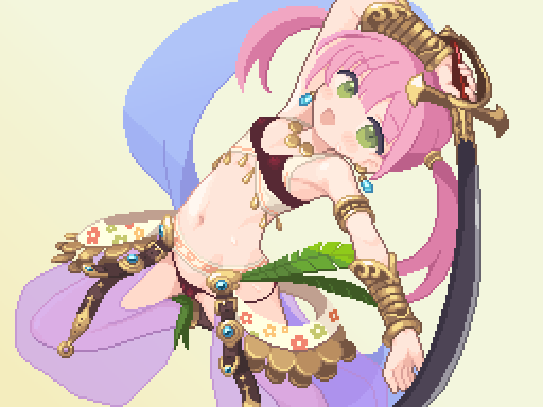 1girl bikini bracer dancer_(sekaiju) dancer_2_(sekaiju) dangle_earrings earrings flat_chest foot_up green_eyes harem_pants holding holding_sword holding_weapon jewelry lowleg lowleg_bikini navel no_entity open_mouth pants pink_hair pixel_art scimitar see-through sekaiju_no_meikyuu sekaiju_no_meikyuu_4 strap sweat swimsuit sword twintails weapon yellow_background