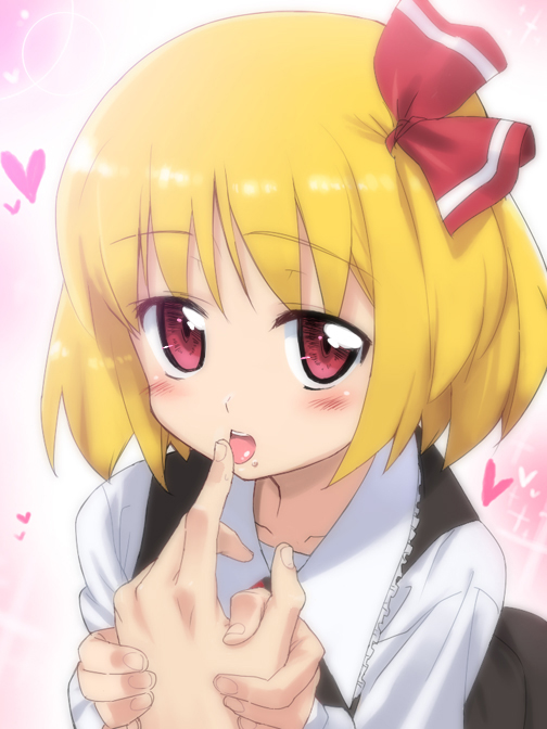 bad_id bad_pixiv_id blonde_hair finger_licking hair_ribbon licking out_of_frame pov pov_hands red_eyes ribbon rumia short_hair solo_focus tonbi touhou