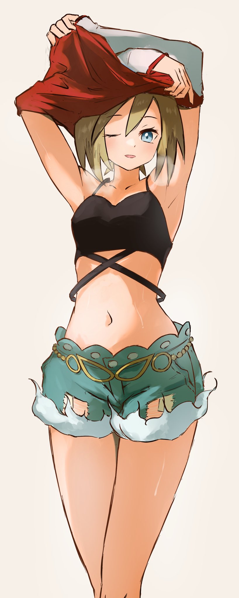 1girl armpits black_tank_top blonde_hair blue_eyes blue_shorts breath cowboy_shot cropped_shirt denim denim_shorts highres irida_(pokemon) irida_(special_costume)_(pokemon) looking_at_viewer mikan_(mikan_no_happa) navel one_eye_closed open_mouth pokemon pokemon_masters_ex red_shirt shirt short_hair shorts solo sweat tank_top undressing white_background