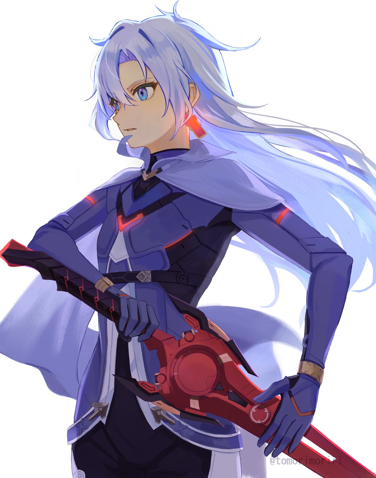 1other a_(xenoblade) armored_bodysuit blue_eyes blue_hair core_crystal_(xenoblade) curtained_hair earrings glowing highres holding holding_sword holding_weapon jewelry long_hair parted_lips simple_background solo standing sword tomorimoriri weapon white_background xenoblade_chronicles_(series) xenoblade_chronicles_3 xenoblade_chronicles_3:_future_redeemed