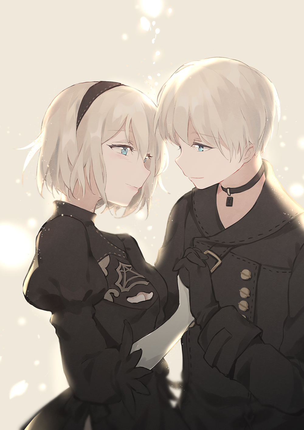 1boy 1girl 2b_(nier:automata) 9s_(nier:automata) black_choker black_dress black_gloves black_hairband black_jacket blue_eyes breasts choker cleavage_cutout closed_mouth clothing_cutout couple dress feather-trimmed_sleeves gloves hairband hetero highres holding_hands interlocked_fingers jacket juliet_sleeves long_sleeves looking_at_another medium_breasts mole mole_under_mouth nier:automata nier_(series) no_blindfold puffy_sleeves short_hair simple_background smile upper_body white_hair yuzhi