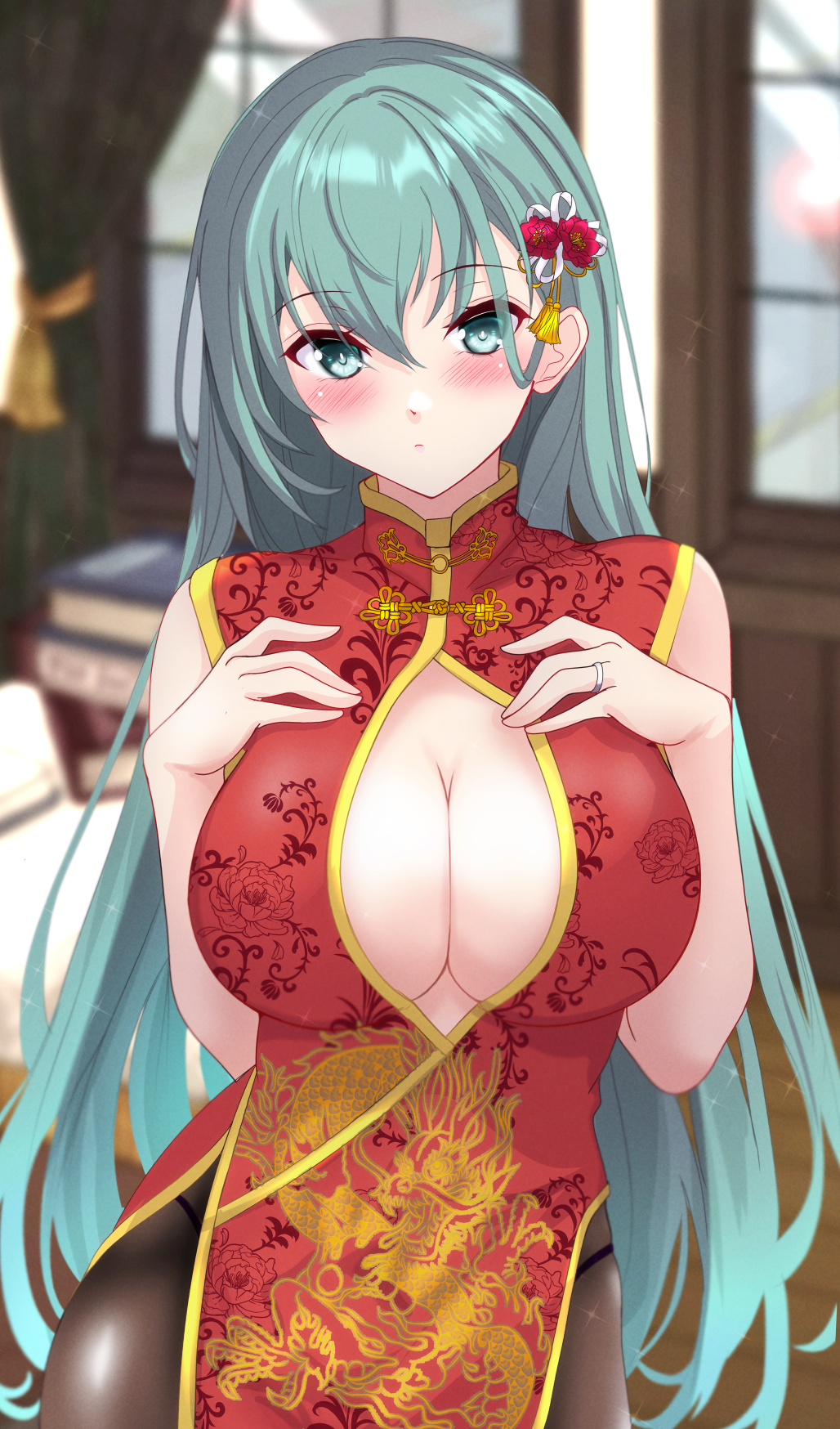 1girl alternate_costume blush breasts china_dress chinese_clothes cleavage cleavage_cutout clothing_cutout dress green_eyes green_hair hair_between_eyes hair_ornament highres jewelry kantai_collection long_hair looking_at_viewer nitamako_(sakamalh) red_dress ring sleeveless sleeveless_dress solo suzuya_(kancolle) very_long_hair wedding_ring