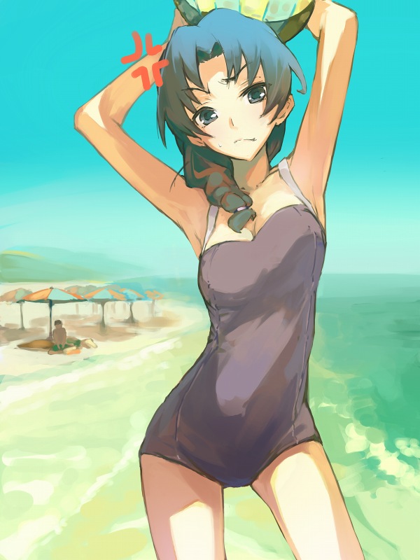 angry ball beach blue_eyes blue_hair braid breasts cleavage competition_school_swimsuit day hair_over_shoulder itachi_(3dt) kawashima_ami ocean one-piece_swimsuit outdoors sand single_braid small_breasts solo source_request swimsuit toradora!