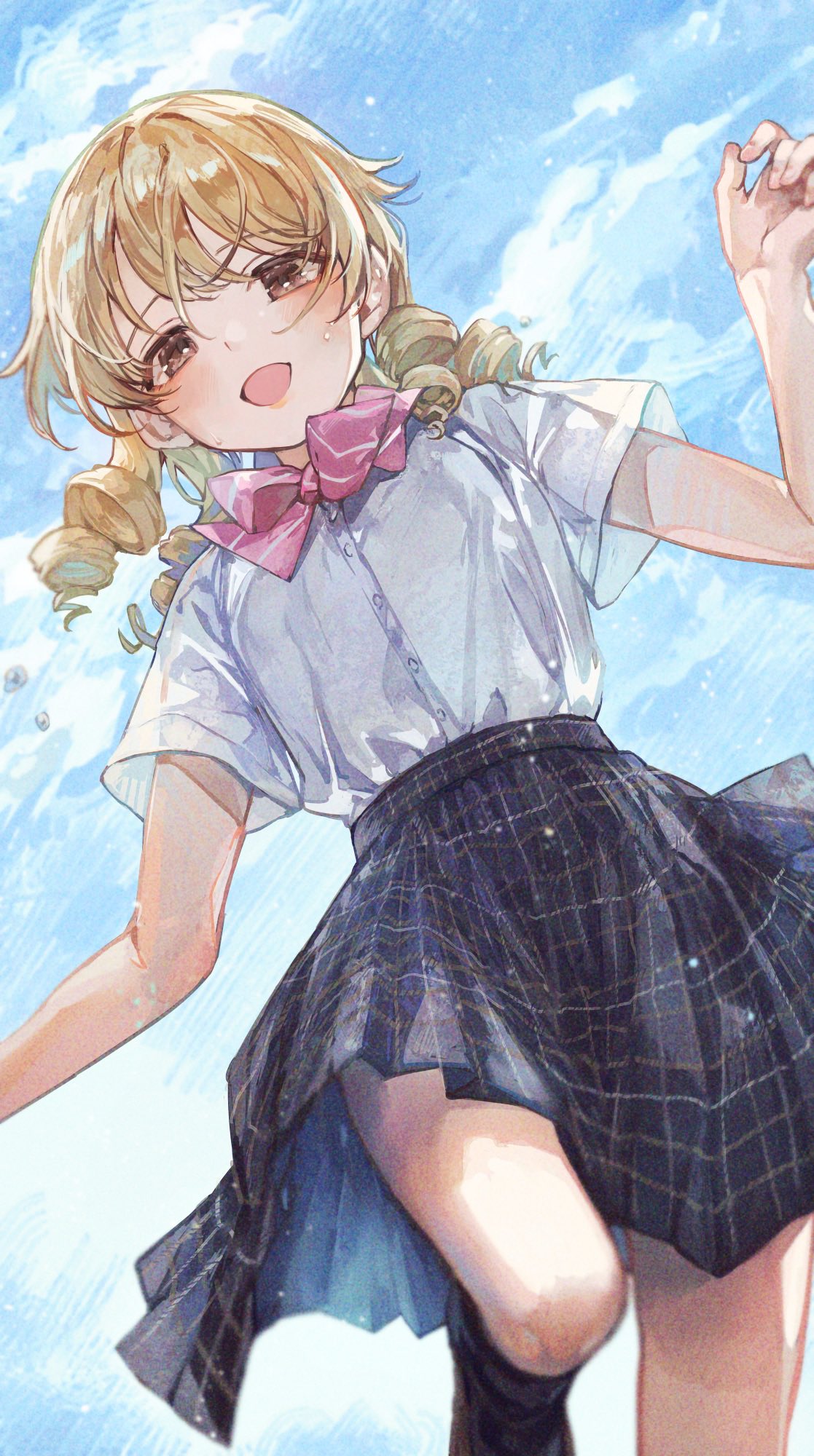 1girl black_skirt blonde_hair blush bow bowtie drill_hair dutch_angle highres idolmaster idolmaster_cinderella_girls kuroda_kuroko looking_at_viewer morikubo_nono outdoors pink_bow pink_bowtie plaid plaid_skirt running shirt shirt_tucked_in short_sleeves skirt smile solo striped_bow striped_bowtie striped_clothes sweat white_shirt