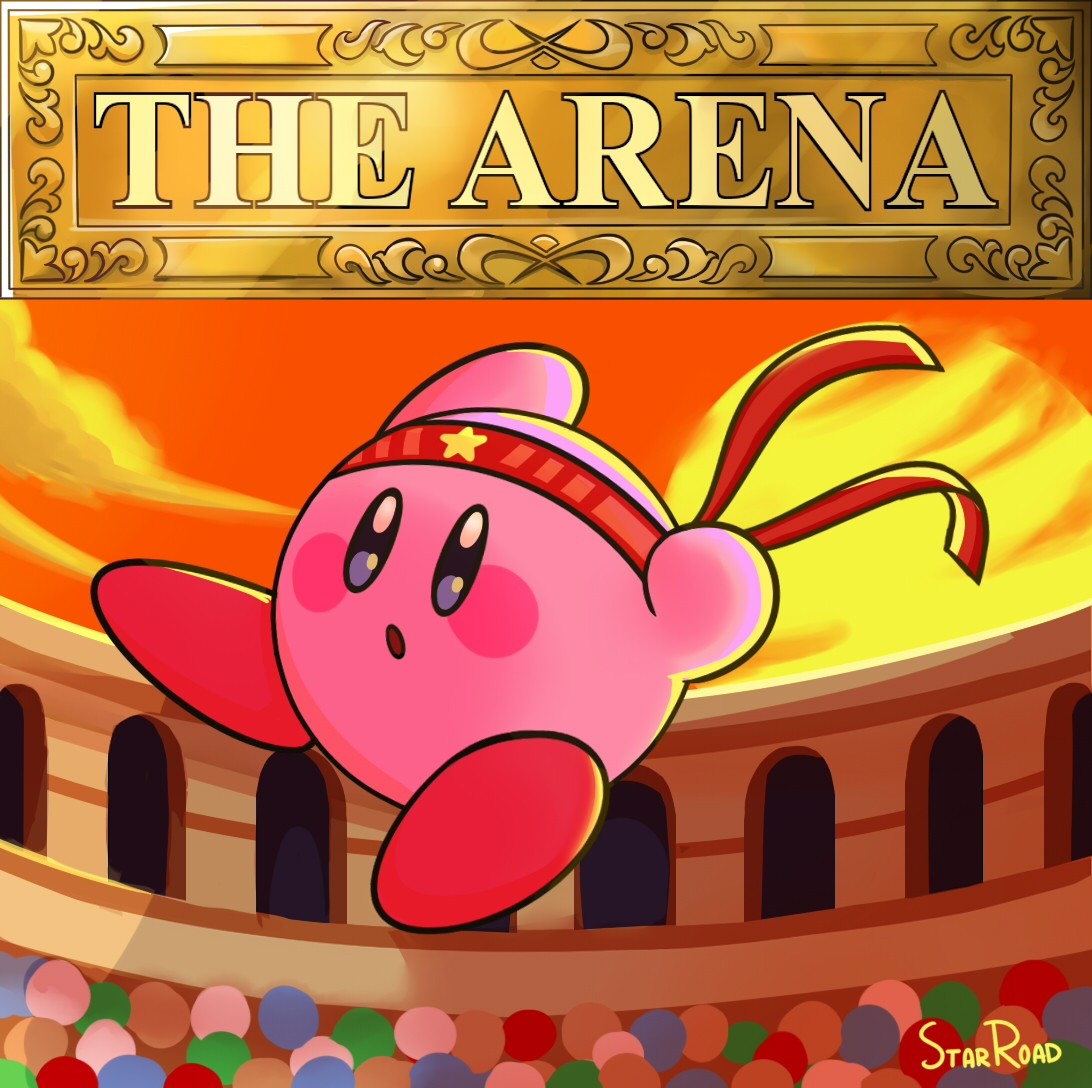 bandana blush_stickers colored_skin colosseum copy_ability crowd english_commentary fighter_kirby kirby kirby_(series) kirby_super_star pink_skin red_bandana signature solid_oval_eyes starroad sunset