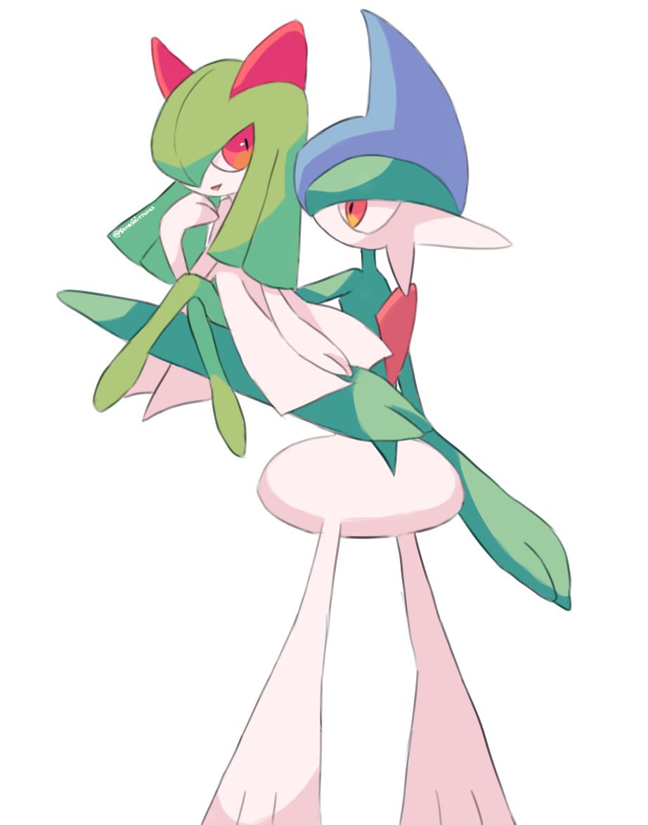 carrying colored_skin crossed_legs gallade green_hair hair_over_one_eye hand_on_own_chin kirlia multicolored_skin pink_eyes pokemon pokemon_(creature) sidelocks simple_background sorashiramu two-tone_skin white_background white_skin