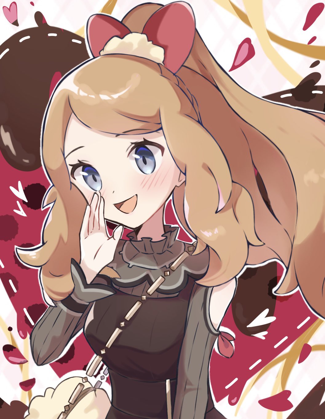 1girl :d bag blonde_hair blue_eyes clothing_cutout dress high_ponytail highres long_hair long_sleeves official_alternate_costume official_alternate_hairstyle open_mouth pokemon pokemon_masters_ex ponytail sarada_(supersarada_zin) serena_(palentine's_2021)_(pokemon) serena_(pokemon) shoulder_bag shoulder_cutout smile solo upper_body very_long_hair