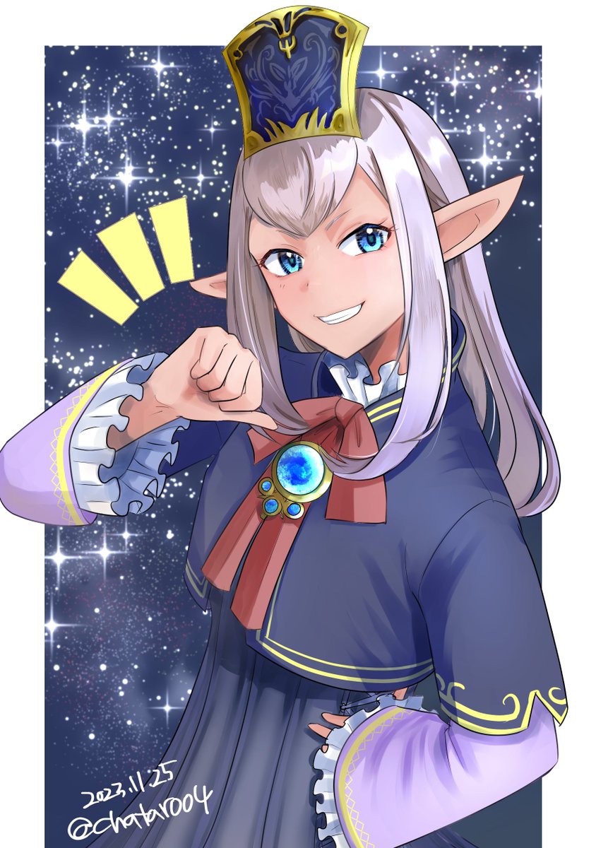 1girl 2023 blue_eyes blue_gemstone brooch chatarou_bekkan dated elf elvaan final_fantasy final_fantasy_xi frilled_sleeves frills gem grey_hair grin hand_on_own_hip highres jewelry long_hair long_sleeves pointing pointing_at_self pointy_ears prishe red_ribbon ribbon smile solo teeth thumbs_up twitter_username