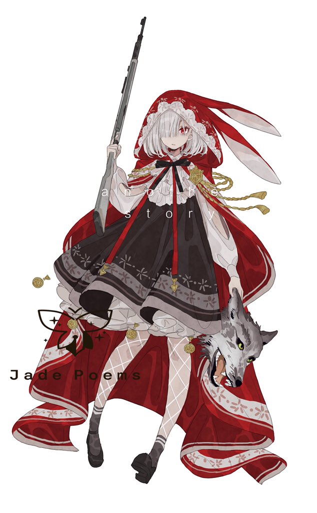 1girl animal_ears animal_head bity3155660241 black_dress black_footwear black_skirt bow cape cloak closed_mouth dress english_text full_body gun hair_over_one_eye holding holding_gun holding_weapon hood hood_up hooded_cape hooded_cloak long_sleeves looking_at_viewer original pantyhose puffy_long_sleeves puffy_sleeves red_cape red_cloak red_eyes rifle shirt shoes short_hair simple_background skirt socks solo watermark weapon white_background white_hair white_shirt wolf wolf_head