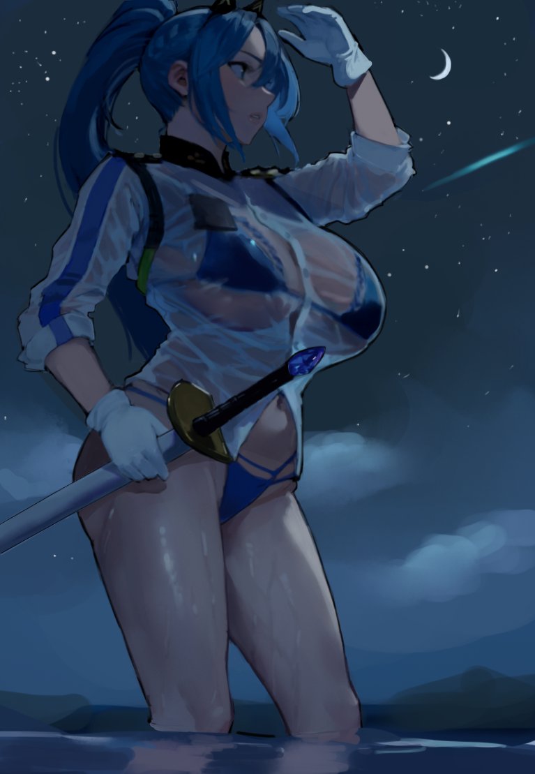 1girl arm_up bikini bikini_under_clothes blue_bikini breasts crescent_moon from_side gloves goddess_of_victory:_nikke helm_(aqua_marine)_(nikke) helm_(nikke) hintobento holding holding_sword holding_weapon large_breasts long_hair moon navel night outdoors ponytail see-through shirt sleeves_rolled_up solo standing star_(sky) swimsuit sword wading weapon wet wet_clothes wet_shirt white_gloves white_shirt