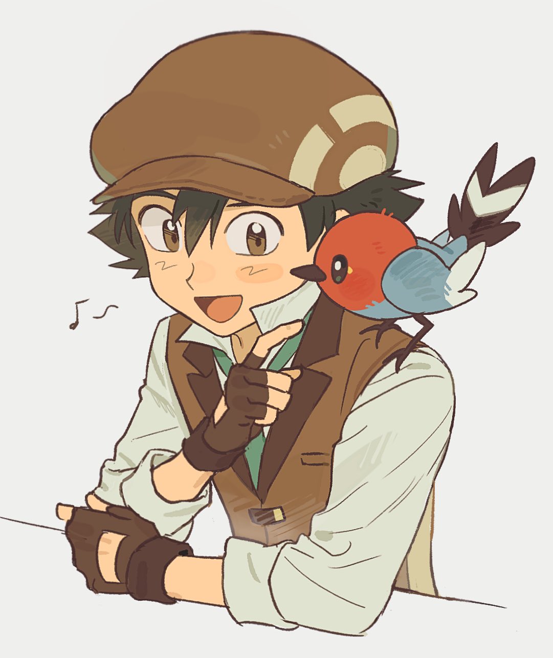 1boy animal_on_shoulder ash_ketchum bird bird_on_shoulder black_hair brown_eyes brown_gloves brown_headwear brown_suit fingerless_gloves fletchling gloves hair_between_eyes hat highres male_focus musical_note p_oxo7 poke_ball_print pokemon pokemon_(anime) pokemon_(creature) print_headwear short_hair simple_background suit white_background