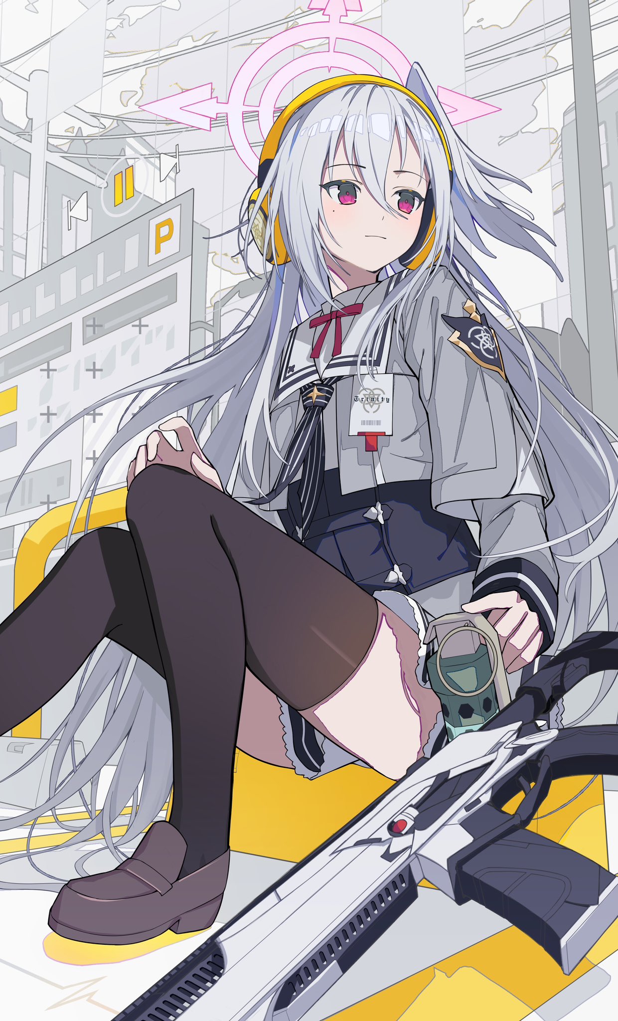 1girl black_thighhighs blue_archive blue_neckerchief closed_mouth collared_shirt commentary cropped_jacket flashbang foot_out_of_frame grey_hair grey_jacket gun hair_between_eyes halo hand_on_own_knee head_wings headphones highres jacket koka_(rikku-file) loafers long_hair long_sleeves looking_to_the_side miniskirt mole mole_under_eye neck_ribbon neckerchief pause_button pink_halo red_eyes red_ribbon ribbon rifle sailor_collar school_uniform serafuku shirt shoes sig_mcx single_head_wing sitting skirt solo straight_hair striped_neckerchief suzumi_(blue_archive) thighhighs very_long_hair weapon white_sailor_collar white_shirt wings