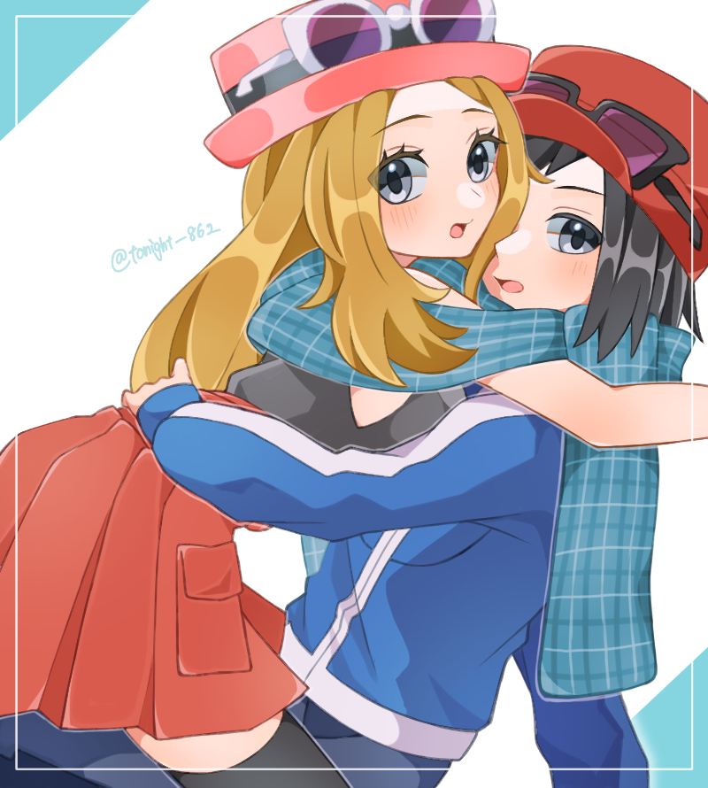 1girl black_hair blue_jacket blush calem_(pokemon) eyewear_on_headwear grey_eyes hetero jacket light_brown_hair looking_at_viewer plaid plaid_scarf pleated_skirt pokemon pokemon_xy rain_(tonight_862) red_headwear scarf serena_(pokemon) shared_clothes shared_scarf skirt sunglasses thighhighs