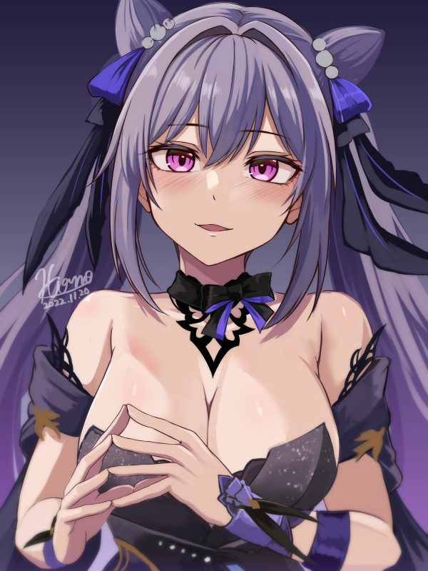 1girl artist_name bare_shoulders black_dress blush bow_choker breasts cleavage cone_hair_bun dated diamond-shaped_pupils diamond_(shape) double_bun dress genshin_impact hair_bun hair_ears hair_ornament hiruno keqing_(genshin_impact) keqing_(opulent_splendor)_(genshin_impact) large_breasts long_hair looking_at_viewer official_alternate_costume pearl_hair_ornament purple_eyes purple_hair ribbon solo strapless strapless_dress symbol-shaped_pupils twintails