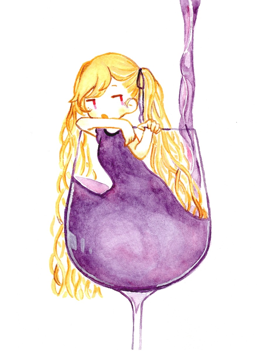 1girl asymmetrical_bangs bad_id bad_twitter_id blonde_hair commentary_request cup dress drinking_glass german_commentary hair_ribbon highres in_container in_cup jitome leaning liquid_clothes long_hair mini_person minigirl open_mouth original painting_(medium) piyoko9494 pouring purple_dress purple_ribbon red_eyes ribbon simple_background solo traditional_media twintails very_long_hair watercolor_(medium) wavy_hair white_background wine_glass