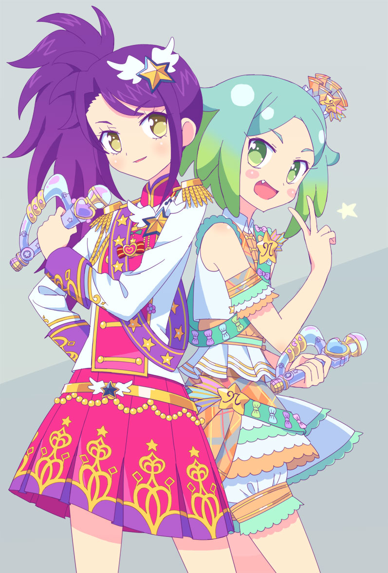 2girls :d blue_hair commentary_request cowboy_shot epaulettes fang gradient_hair green_eyes green_hair grey_background hand_on_own_hip hand_up holding holding_microphone idol_clothes idol_time_pripara jacket ku_(residual666) long_hair long_sleeves looking_at_viewer microphone multicolored_hair multiple_girls nijiiro_nino open_mouth pleated_skirt pretty_series pripara purple_hair sash shirt short_hair shoulder_sash side_ponytail simple_background skirt smile standing star_(symbol) toudou_shion v white_jacket yellow_eyes