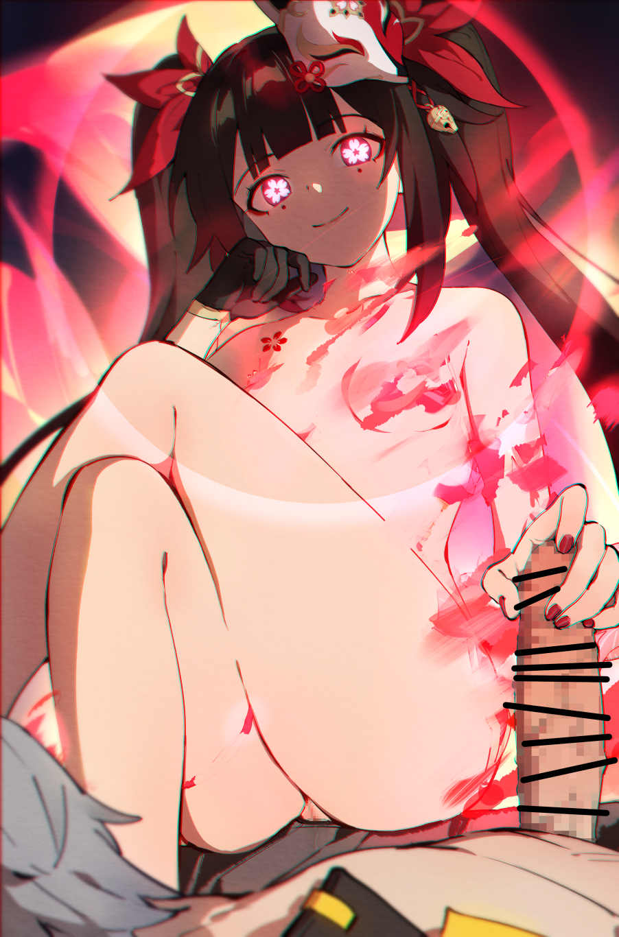 1boy 1girl bar_censor black_choker black_gloves breasts caelus_(honkai:_star_rail) censored choker commentary completely_nude dissolving_clothes flower-shaped_pupils flower_tattoo gloves glowing glowing_eyes grey_hair handjob highres honkai:_star_rail honkai_(series) long_hair looking_at_viewer mask mask_on_head nashidrop nude penis pussy small_breasts sparkle_(honkai:_star_rail) symbol-shaped_pupils tattoo thighs trailblazer_(honkai:_star_rail)