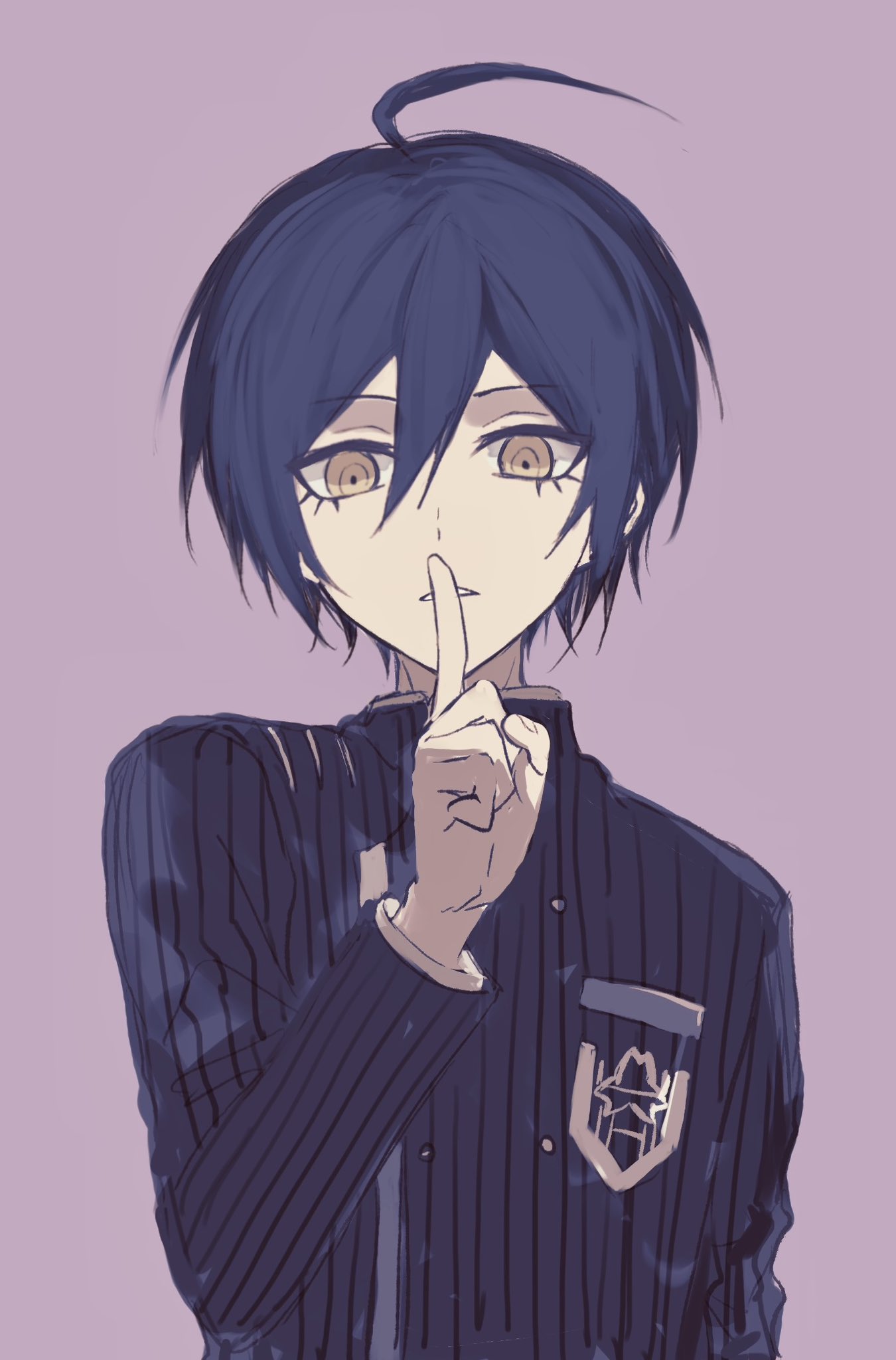 1boy ahoge breast_pocket buttons danganronpa_(series) danganronpa_v3:_killing_harmony double-breasted finger_to_mouth fu_ga_(vivi912912) highres index_finger_raised jacket long_sleeves male_focus pocket saihara_shuichi short_hair shushing simple_background solo striped_clothes striped_jacket teeth upper_body