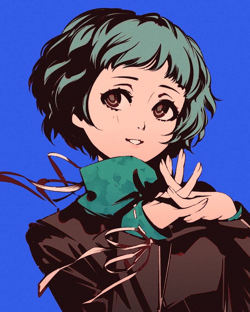 1girl aqua_hair aqua_sweater black_jacket blue_background commentary gekkoukan_high_school_uniform grey_eyes interlocked_fingers jacket long_sleeves moshimoshibe own_hands_together parted_lips persona persona_3 persona_3_reload ribbon school_uniform short_hair smile solo sweater turtleneck turtleneck_sweater upper_body white_ribbon yamagishi_fuuka