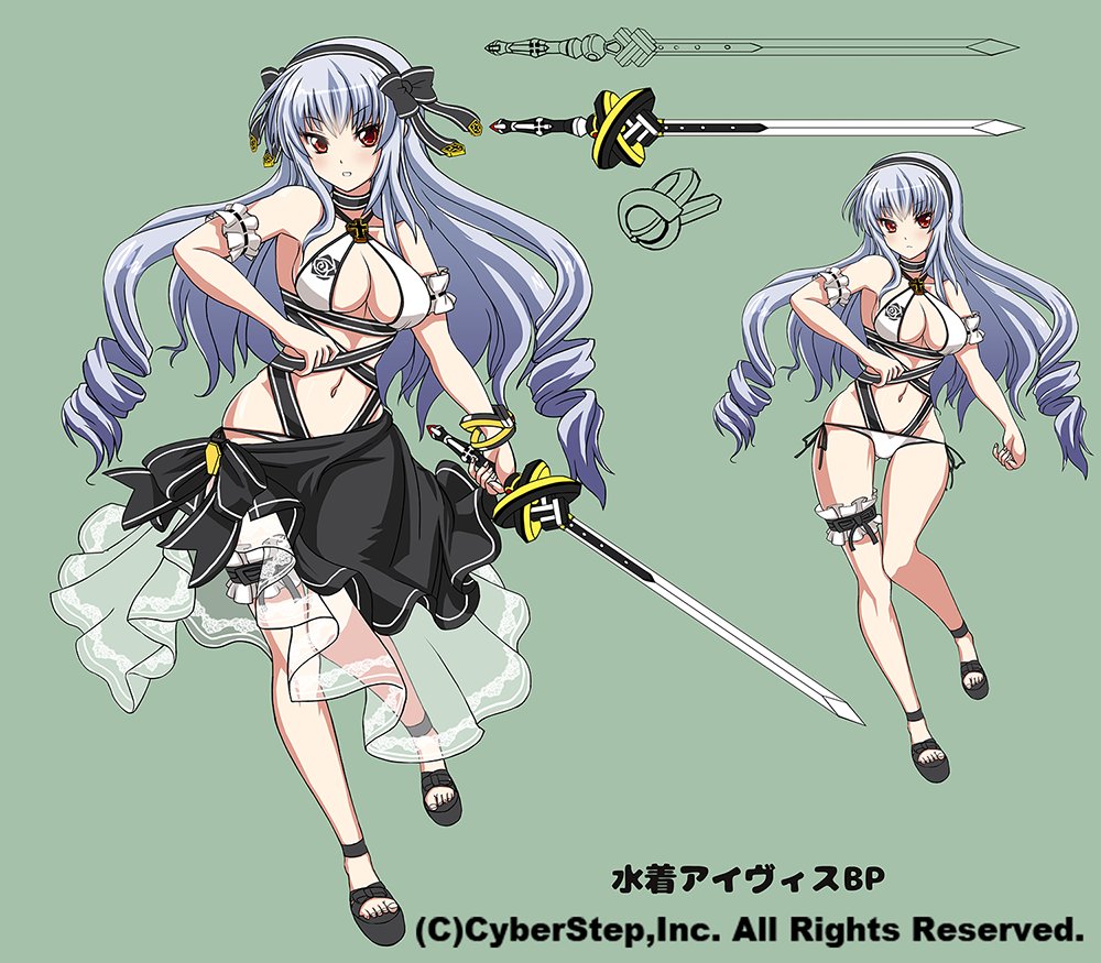 1girl bikini black_headband black_sarong breasts cleavage concept_art copyright_name cosmic_break drill_hair floral_print frills full_body hair_ribbon headband hijirinn2 holding holding_sword holding_weapon ivis large_breasts long_hair looking_at_viewer navel official_art open_mouth red_eyes ribbon rose_print sarong shoes sidelocks swimsuit swimsuit_ivis sword weapon white_hair