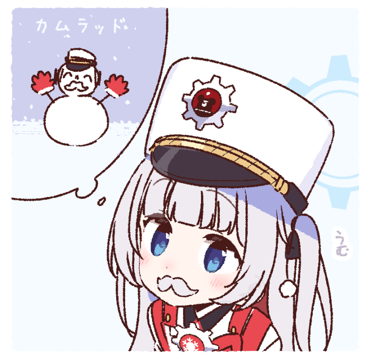 1girl blue_archive blue_eyes blush cherino_(blue_archive) doodle_sensei_(blue_archive) fake_facial_hair fake_mustache gears grey_hair hat one_side_up sensei_(blue_archive) shako_cap snowflakes snowing snowman solo thought_bubble white_headwear yoru_nai