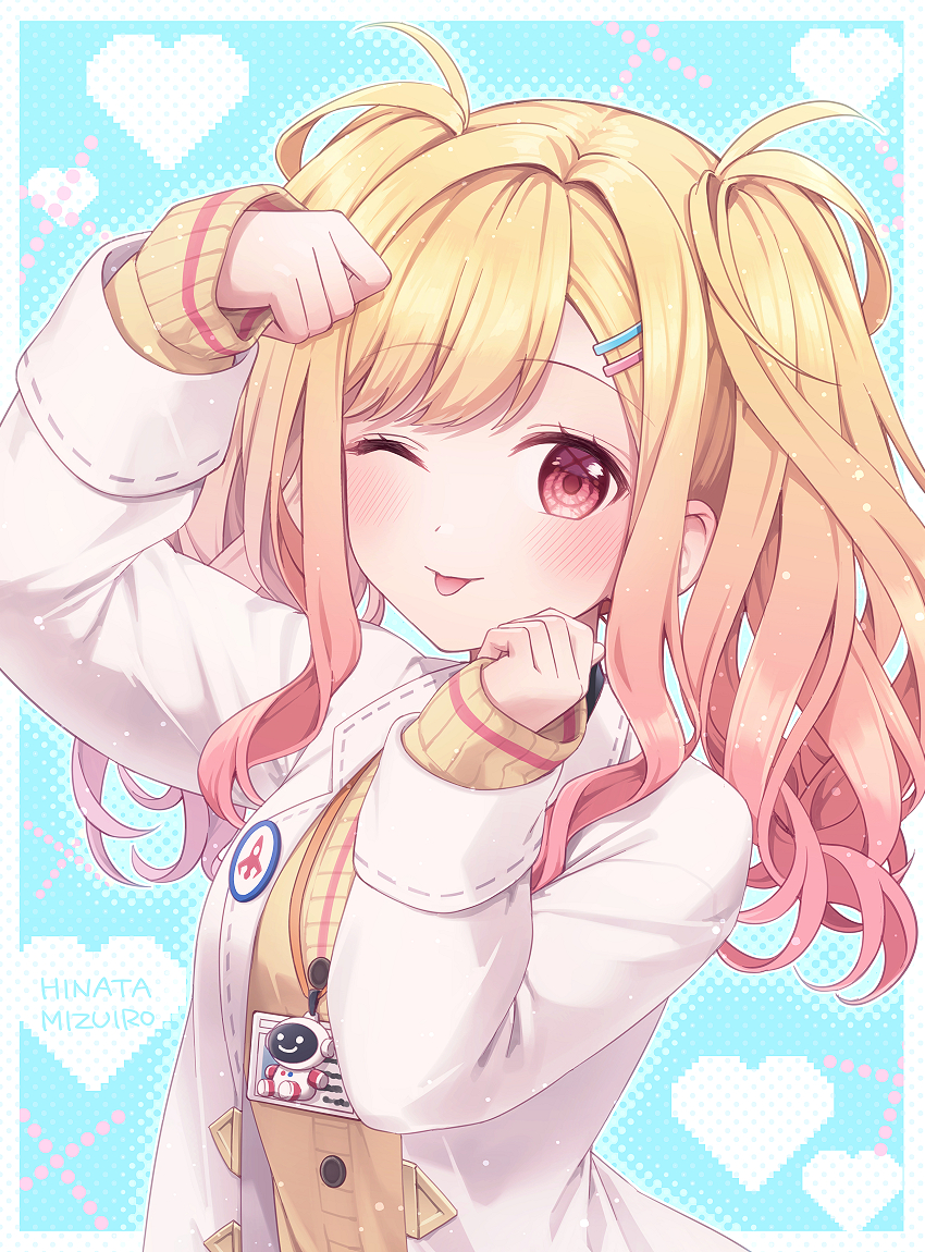 1girl :p artist_name blonde_hair blush cardigan coat commentary_request get_over_it._(project_sekai) gradient_hair hair_ornament hairclip hand_on_own_head hinata_mizuiro id_card lab_coat long_hair long_sleeves looking_at_viewer multicolored_hair one_eye_closed open_clothes open_coat pink_eyes pink_hair project_sekai scientist solo sweater tehepero tenma_saki tongue tongue_out twintails white_coat yellow_cardigan yellow_sweater