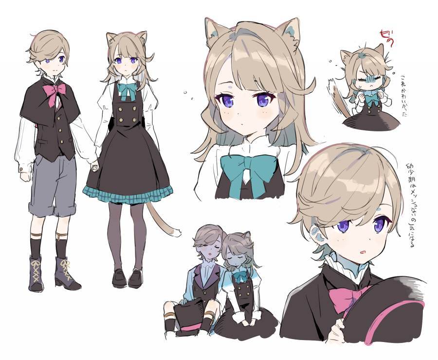 1boy 1girl animal_ear_fluff animal_ears black_capelet black_dress black_footwear black_headwear black_socks black_vest blue_bow blue_bowtie blush boots bow bowtie brother_and_sister buttons capelet cat_ears cat_girl cat_tail clenched_hand clenched_hands closed_eyes closed_mouth collared_shirt dress frills full_body garter_belt genshin_impact grey_footwear grey_pantyhose grey_shorts hair_between_eyes hands_up hat holding holding_clothes holding_hands holding_hat juliet_sleeves light_brown_hair long_hair long_sleeves looking_at_viewer looking_to_the_side lynette_(genshin_impact) lyney_(genshin_impact) mozu_(modagoro) open_mouth pantyhose pinafore_dress pink_bow pink_bowtie puffy_long_sleeves puffy_sleeves purple_eyes shirt shoes short_hair shorts siblings simple_background sitting sleeping sleeveless sleeveless_dress socks standing tail top_hat translation_request twins unworn_hat unworn_headwear upper_body v-shaped_eyebrows vest white_background white_shirt