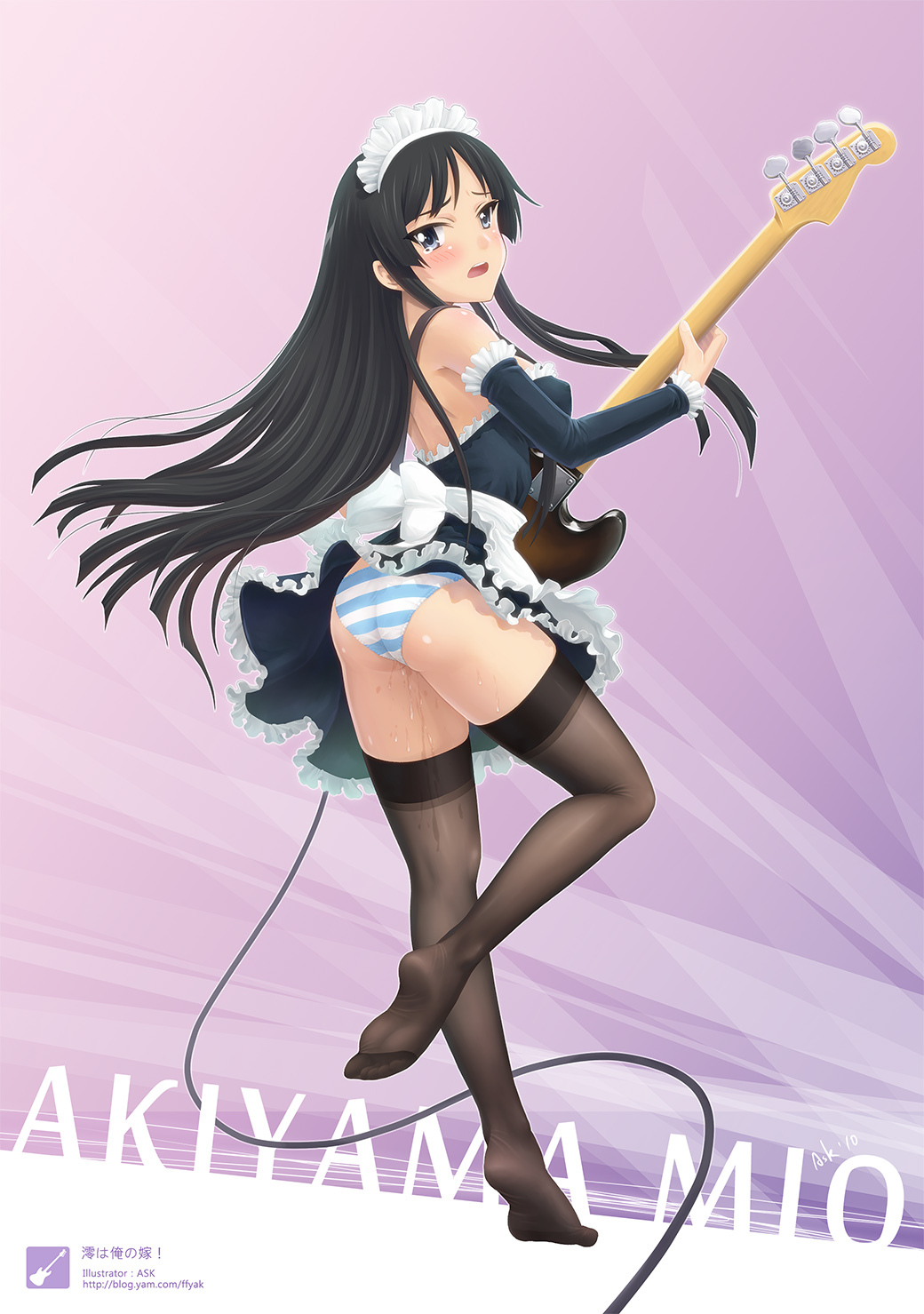 alternate_costume apron ass bare_shoulders bass_guitar black_eyes black_hair blush breasts brown_legwear cleavage dress enmaided erect_nipples ffyak highres instrument k-on! legs long_hair looking_back maid maid_apron maid_headdress no_shoes open_mouth panties pussy_juice solo standing_on_one_leg striped striped_panties tears thighhighs underwear upskirt
