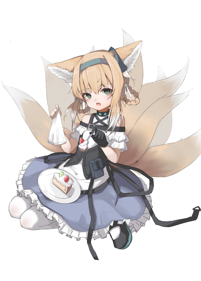 1girl animal_ear_fluff animal_ears arknights bangs bare_shoulders black_footwear black_gloves blue_hairband blue_skirt braid brown_hair cake cake_slice commentary_request eyebrows_visible_through_hair food fork fox_ears fox_girl fox_tail frilled_skirt frills fruit full_body gloves green_eyes hair_between_eyes hair_rings hairband holding holding_fork kele_mimi kitsune looking_at_viewer multicolored_hair open_mouth pantyhose plate shirt shoes simple_background single_glove sitting skirt solo strawberry suzuran_(arknights) tail twin_braids two-tone_hair wariza white_background white_hair white_legwear white_shirt