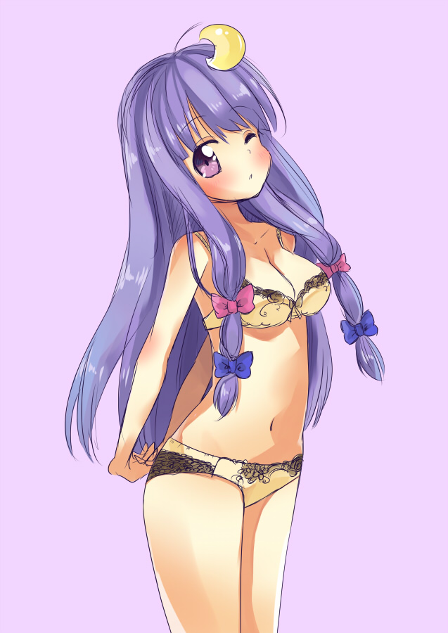 aiba_kou arms_behind_back blush bow bra breasts cleavage crescent crescent_hair_ornament hair_bow hair_ornament long_hair medium_breasts navel one_eye_closed panties patchouli_knowledge purple_background purple_eyes purple_hair simple_background sketch solo touhou underwear underwear_only