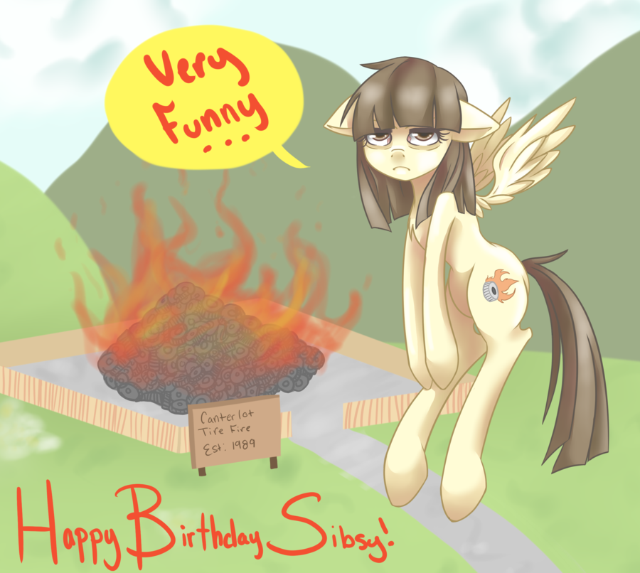 2012 brown_eyes brown_hair cutie_mark equine female fire flying friendship_is_magic grass hair horse looking_at_viewer my_little_pony outside parody pegasus pony sign solo sorenbrian the_simpsons tires wild_fire_(mlp) wings