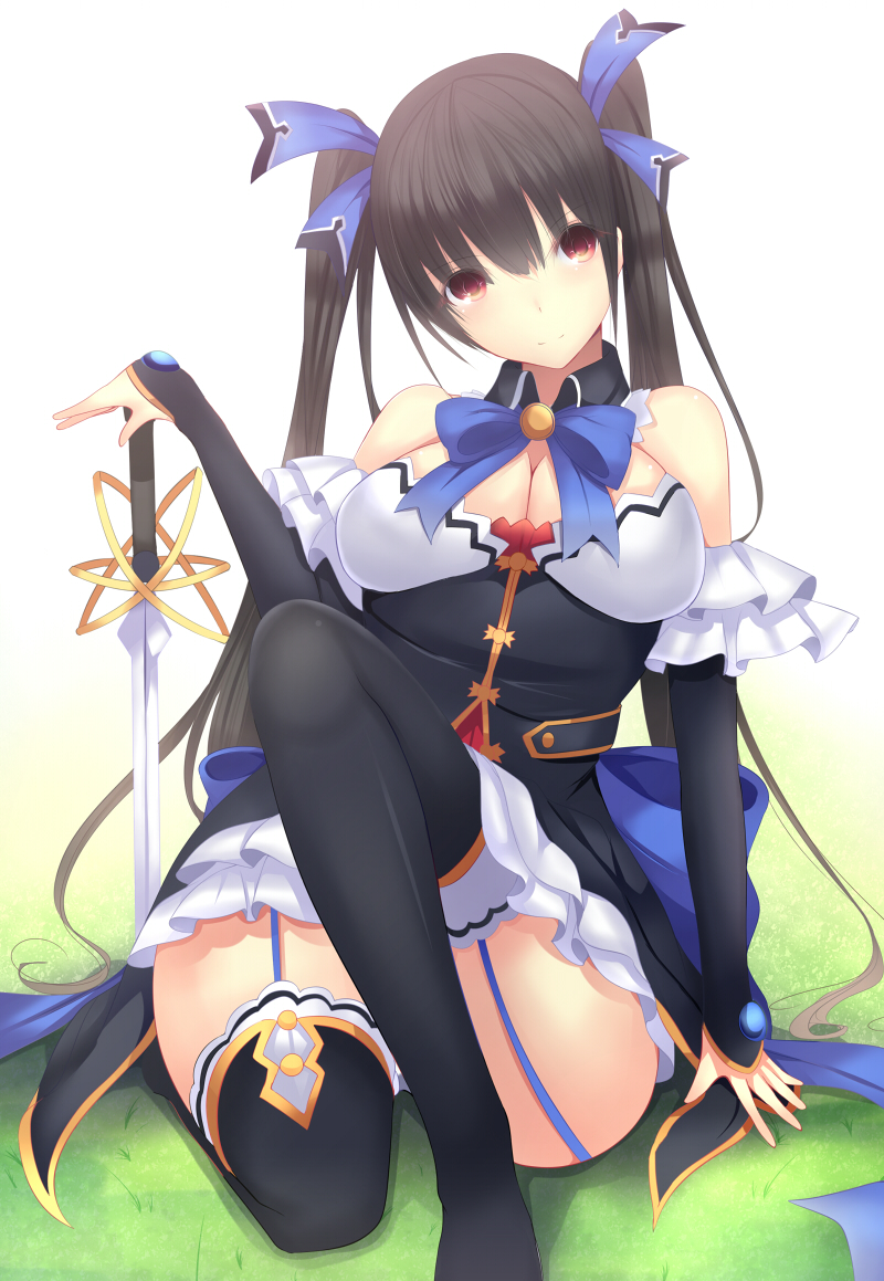 bad_id bad_pixiv_id bangs bare_shoulders black_hair black_legwear blunt_bangs breasts cleavage daiaru detached_collar detached_sleeves dress field garter_straps grass head_tilt holding holding_sword holding_weapon knee_up large_breasts legs long_hair looking_at_viewer neptune_(series) noire plant red_eyes simple_background sitting sword thighhighs twintails very_long_hair weapon white_background