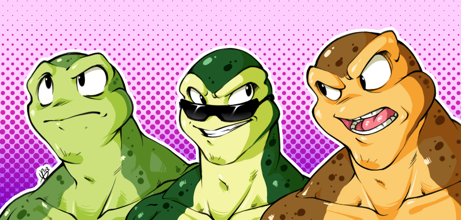 anthro battletoads eye_contact eyewear male pimple pimple_(battletoads) rash rash_(battletoads) sunglasses toad ygplz zitz zitz_(battletoads)