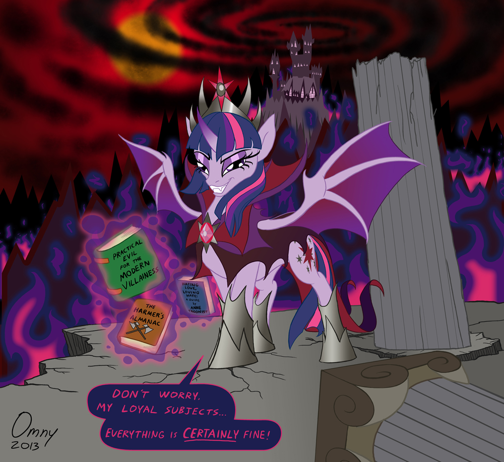 armor castle column comic corruption crown cutie_mark dark_magic dialog english_text equine evil fangs female feral flames friendship_is_magic glowing hair horn horse levitation looking_at_viewer magic mammal multi-colored_hair my_little_pony omny87 outside pegasus pony purple_eyes royalty sky smoke sun tentacles text twilight_sparkle_(mlp) two_tone_hair unicorn winged_unicorn wings