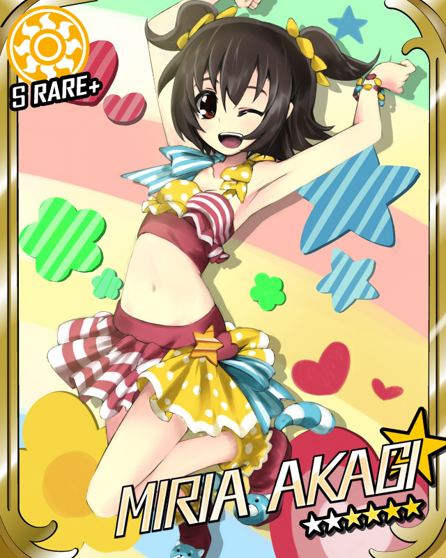 akagi_miria bad_id bad_pixiv_id bikini black_hair blush bracelet brown_eyes card_(medium) card_parody character_name cinderella_girls_card_parody flat_chest idolmaster idolmaster_cinderella_girls jewelry midriff navel panties parody pikapikapop short_hair short_twintails skirt solo sun_(symbol) swimsuit twintails underwear urimono