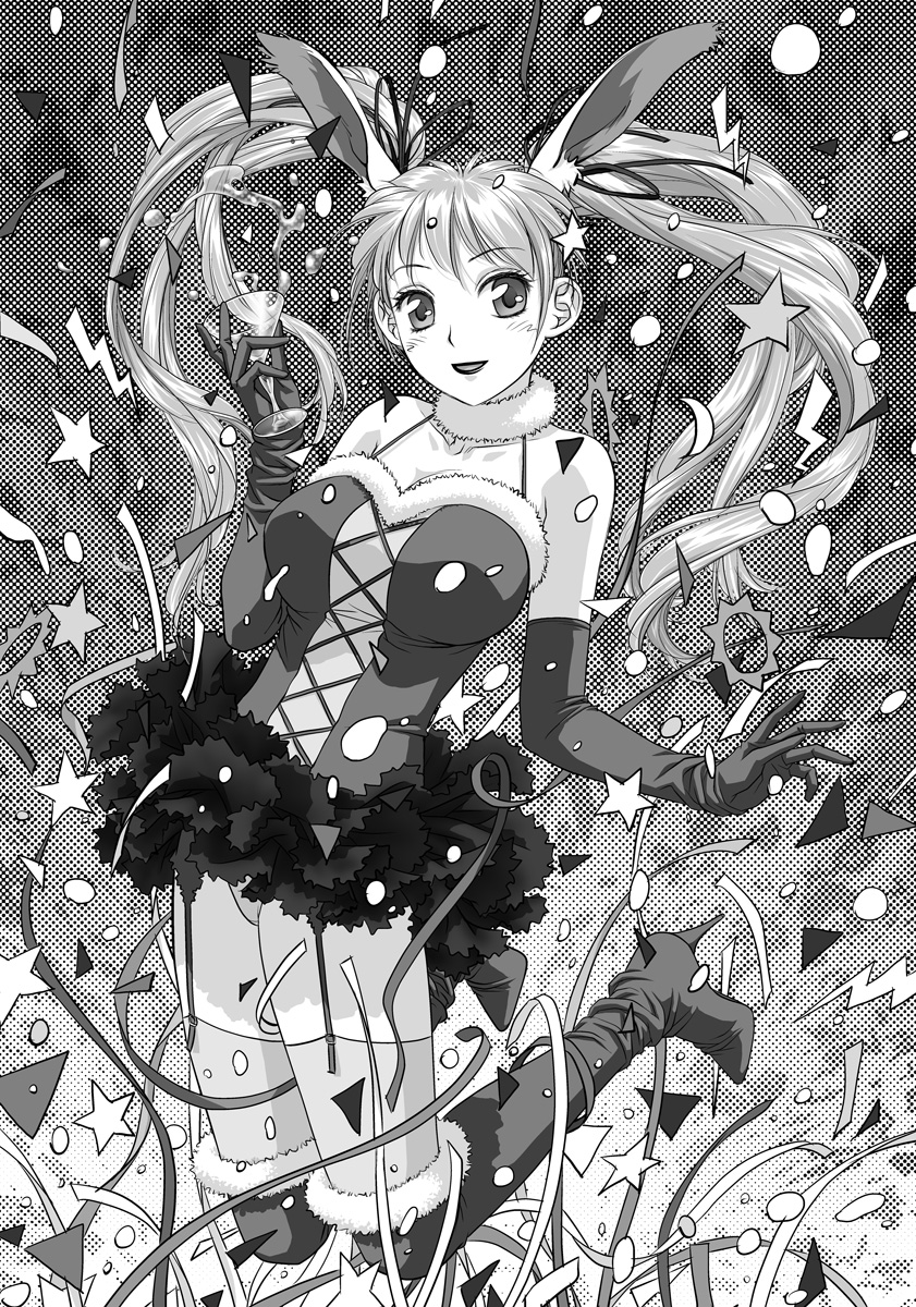 bare_shoulders blush boots bunny_ears cocktail_glass confetti cup dress drinking_glass elbow_gloves garter_straps glass gloves greyscale hanabusu_arisu highres jumping kagosaka_mahiro long_hair looking_at_viewer monochrome my_doll_house newhalf open_mouth otoko_no_ko panties smile solo thigh_boots thighhighs twintails underwear very_long_hair wig yui_toshiki