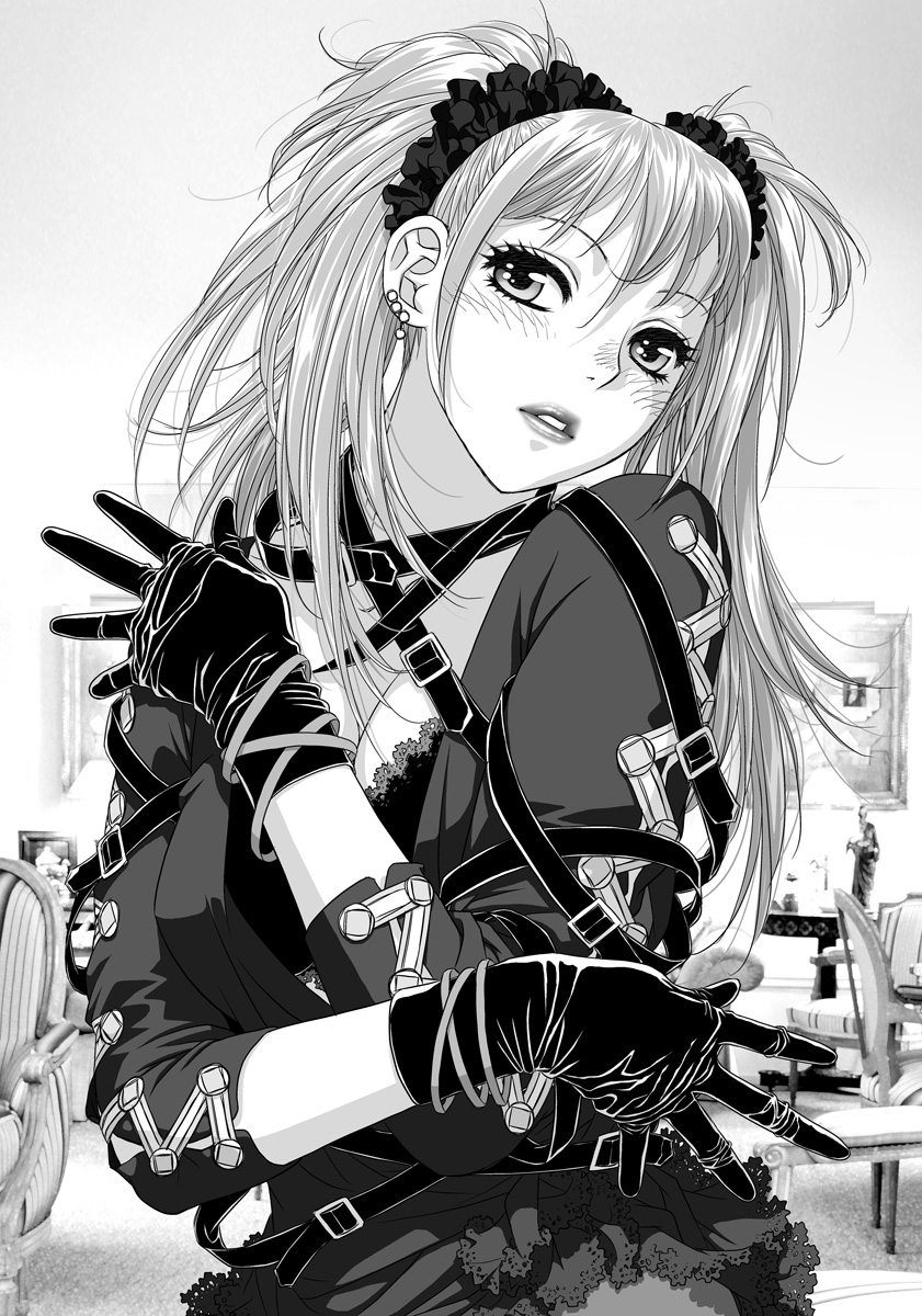 :o blush breasts buckle character_request choker cleavage collarbone crossed_arms dress earrings gloves greyscale hair_ornament hair_scrunchie head_tilt highres jewelry lips looking_at_viewer medium_breasts monochrome my_doll_house open_mouth original scrunchie solo twintails upper_body yui_toshiki