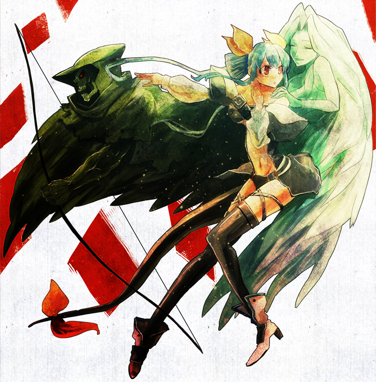 aimaimoco asymmetrical_wings bad_id bad_pixiv_id bare_shoulders blue_hair boots bow bow_(weapon) detached_sleeves dizzy guilty_gear hair_bow navel necro_(guilty_gear) red_eyes ribbon solo tail tail_ribbon thighhighs undine_(guilty_gear) weapon wings