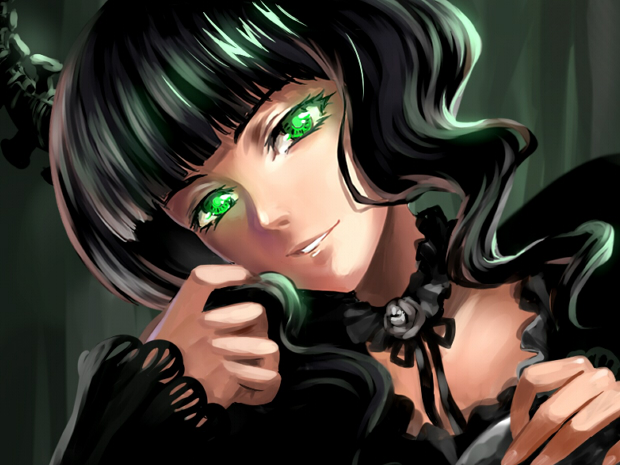 bad_id bad_pixiv_id black_hair black_rock_shooter collar dead_master dutch_angle glowing glowing_eyes green_eyes horns solo upper_body yushouxidengjilang