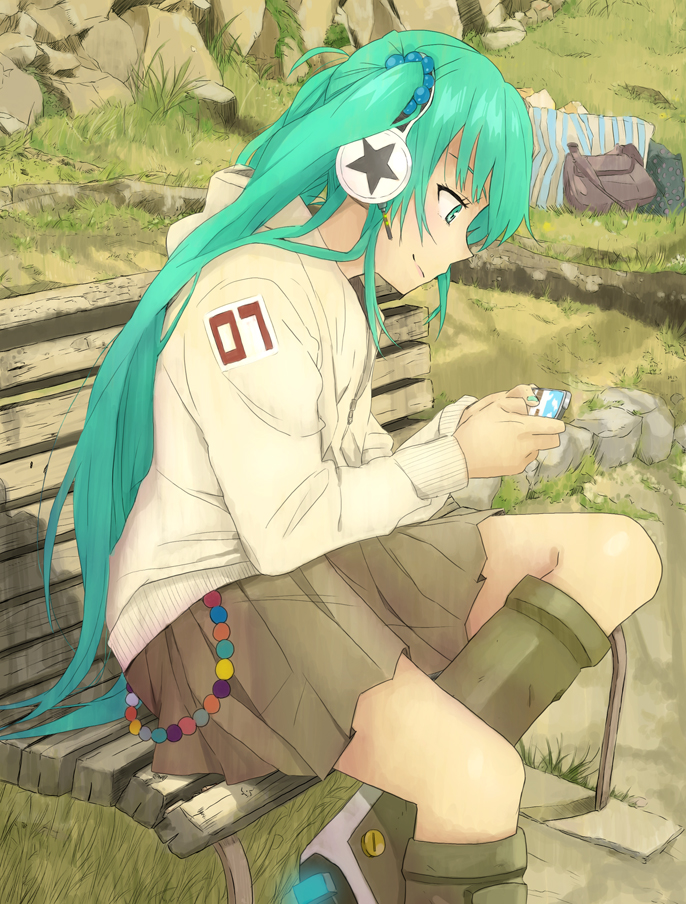 bad_id bad_pixiv_id boots face green_eyes green_hair hatsune_miku headphones ito_to_yuki knee_boots long_hair sitting skirt solo twintails very_long_hair vocaloid
