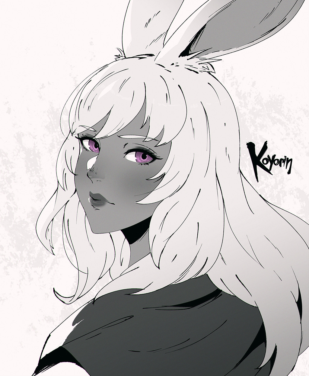 1girl animal_ears artist_name dark-skinned_female dark_skin final_fantasy final_fantasy_xiv highres koyorin lips long_hair looking_at_viewer looking_back lyna_(ff14) monochrome portrait purple_eyes rabbit_ears solo spot_color viera white_background