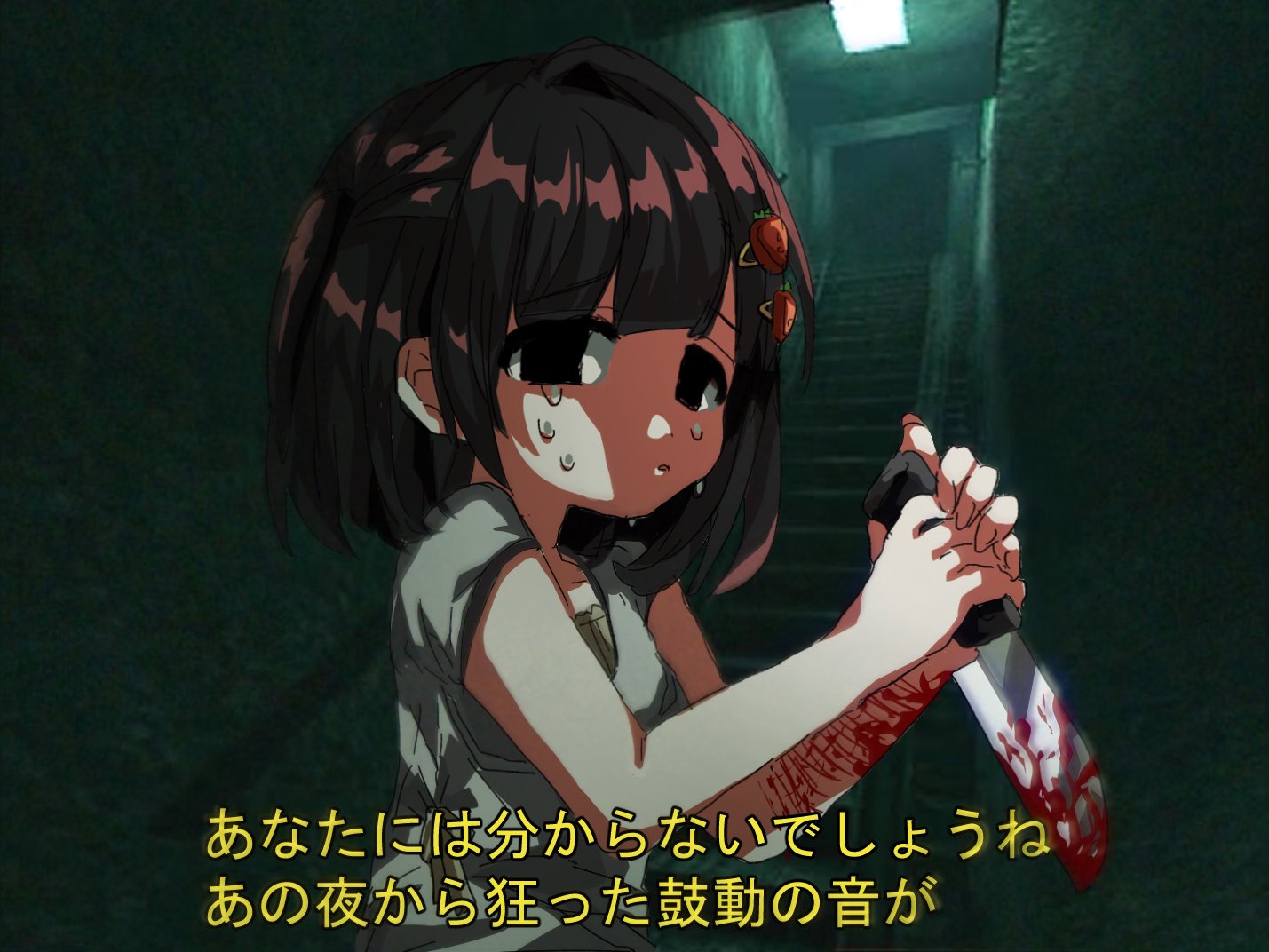 1girl black_eyes black_hair bleeding blood blood_on_knife crying crying_with_eyes_open cuts food-themed_hair_ornament hair_ornament holding holding_knife indoors injury knife looking_at_viewer original self-harm shinsekai_(z_o10) short_hair solo stairs strawberry_hair_ornament tears upper_body wrist_cutting